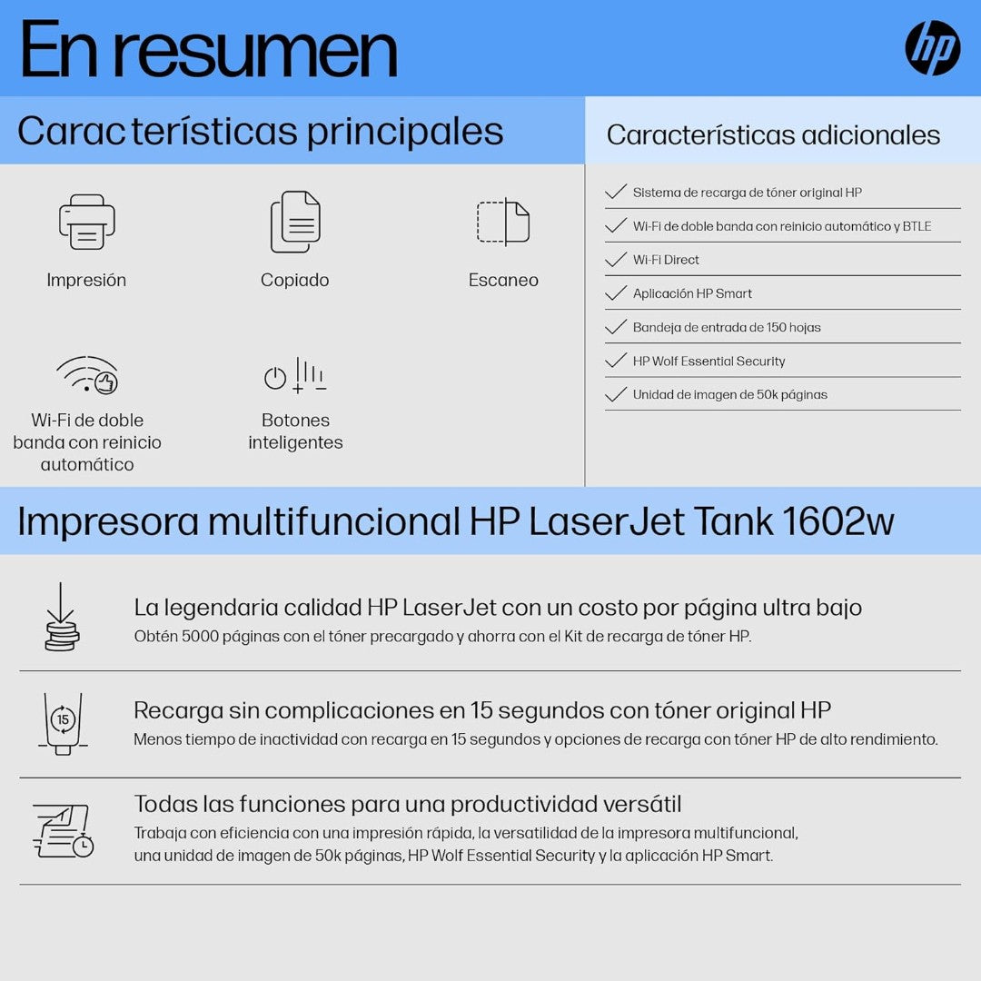 Impresora multifunción monocromática HP LaserJet Tank MFP 1602w con wifi